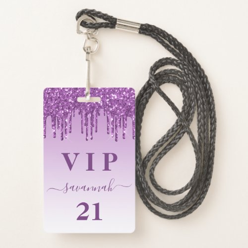 Birthday purple glitter drips monogram luxury vip  badge
