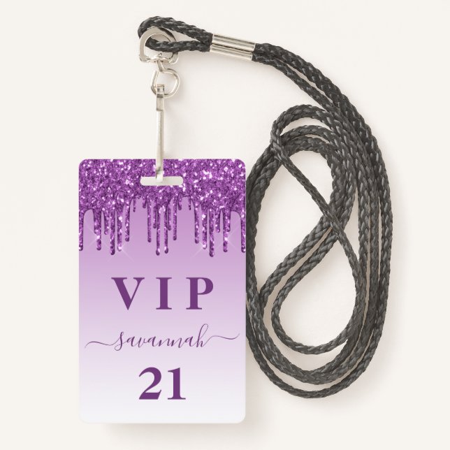 Birthday purple glitter drips monogram luxury vip  badge (Front with Lanyard)