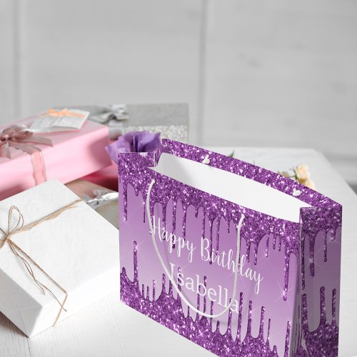 Birthday purple glitter drips name large gift bag