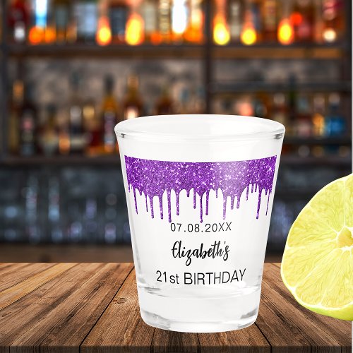 Birthday purple glitter drips name shot glass