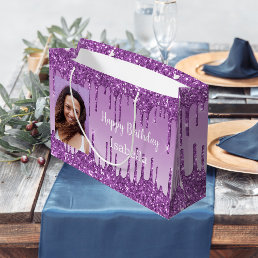 Birthday purple glitter drips photo name large gift bag