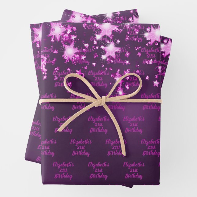 Birthday purple glitter drips pink monogram  wrapping paper sheets (In situ)