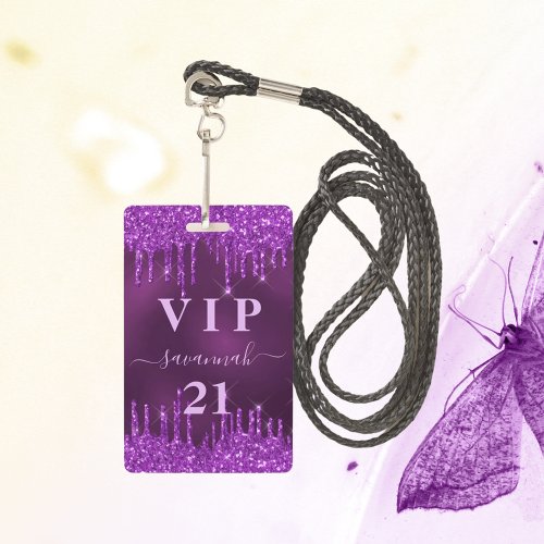 Birthday purple glitter drips vip invitation badge