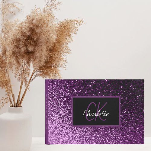 Birthday purple glitter monogram elegant guest book