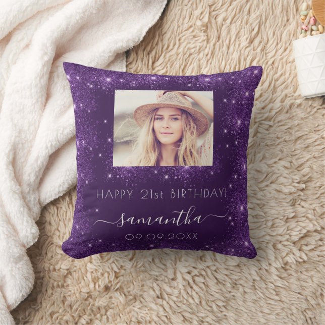 Birthday purple glitter photo name script throw pillow (Blanket)