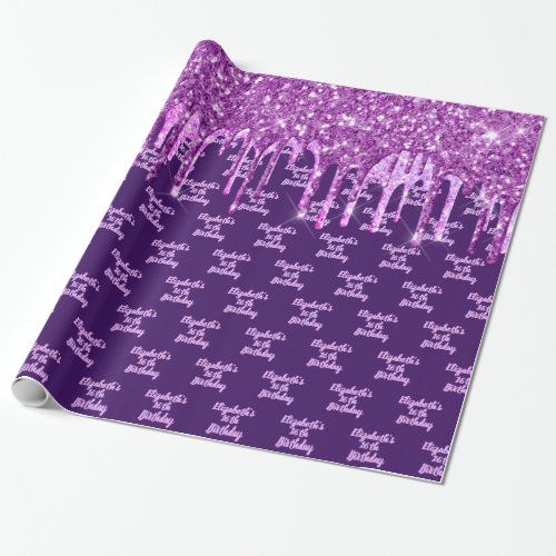 Birthday purple glitter pink drips monogram glam wrapping paper