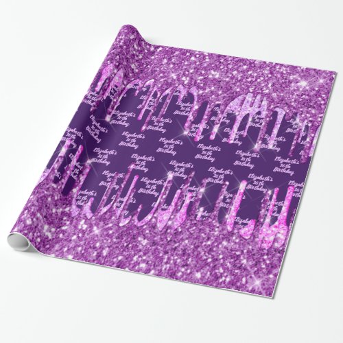 Birthday purple glitter pink drips monogram glam wrapping paper