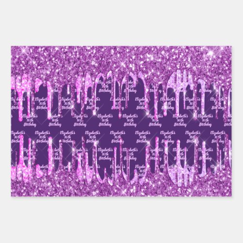 Birthday purple glitter pink drips monogram glam  wrapping paper sheets
