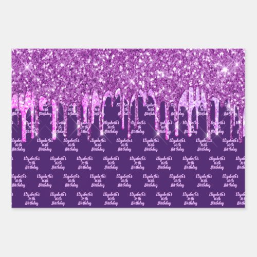 Birthday purple glitter pink drips monogram glam wrapping paper sheets