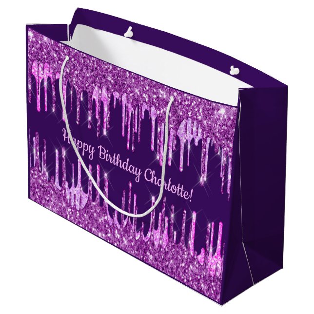 Birthday purple glitter pink drips name glamorous large gift bag (Back Angled)