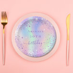 Birthday purple glitter pink holographic name paper plates<br><div class="desc">A girly trendy iridescent background with unicorn and rainbow pastel colors in pink,  purple,  rose gold,  mint green. Decorated with faux glitter dust.  Personalize and add a name and age.  The word birthday is written with a modern hand lettered style script.</div>
