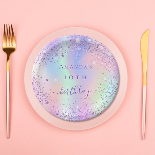 Birthday purple glitter pink holographic name paper plates