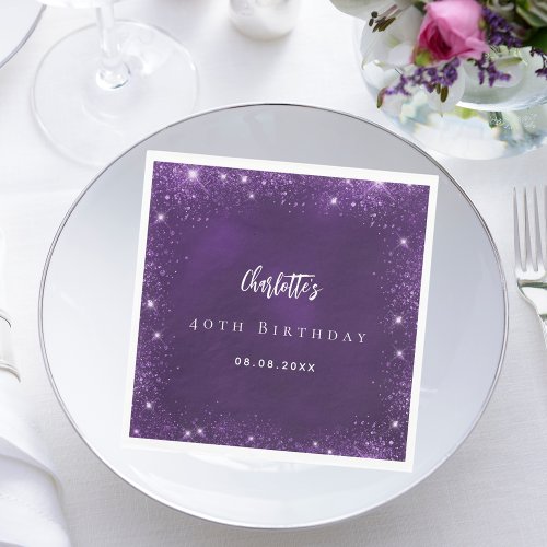 Birthday purple glitter sparkles name napkins