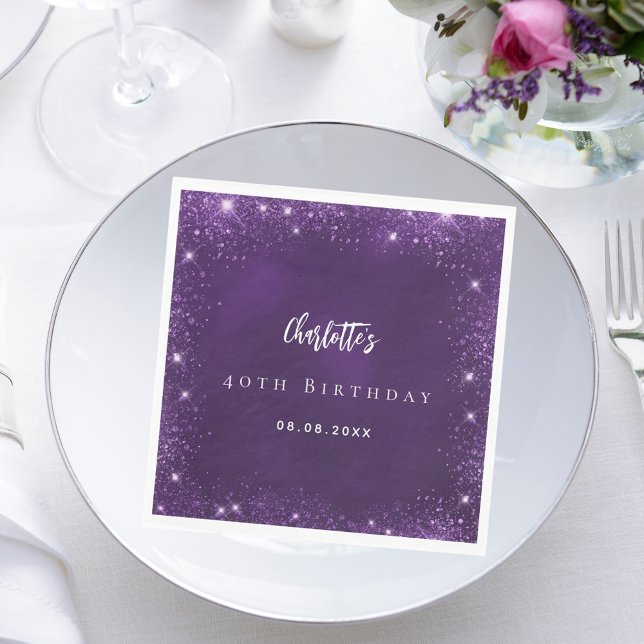 Birthday purple glitter sparkles name napkins (Creator Uploaded)