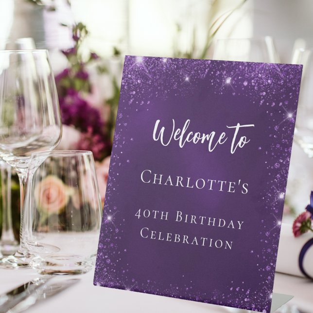 Birthday purple glitter sparkles welcome pedestal sign (Creator Uploaded)