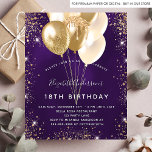 Birthday purple gold balloons budget invitation<br><div class="desc">For an elegant 18th (or any age) birthday party.  A trendy deep purple background. The purple color is uneven. Decorated with faux gold glitter,  sparkles and balloons.  Personalize and add a name,  age and party details. The name is written with a hand lettered style script</div>