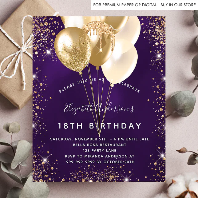 Birthday purple gold balloons budget invitation | Zazzle