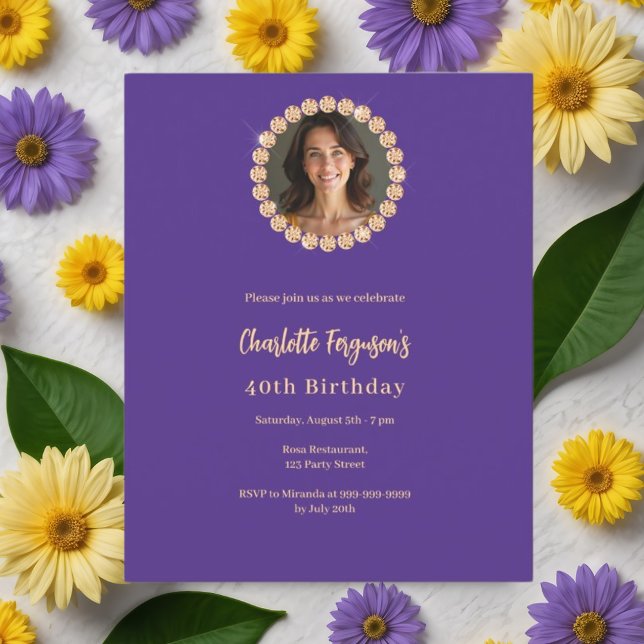 Birthday purple gold diamond photo invitation (Creator Uploaded)
