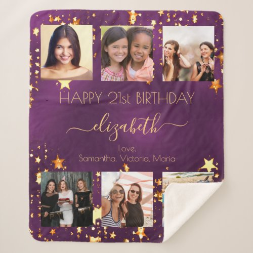 Birthday purple gold friends photo collage sherpa blanket