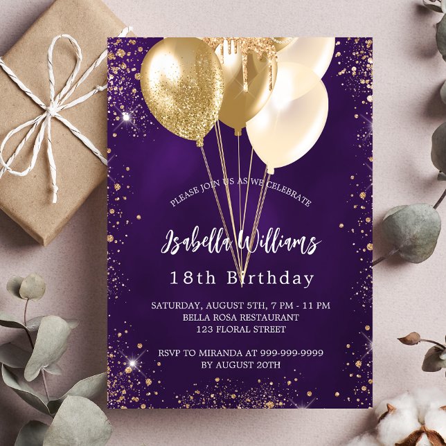 Birthday purple gold glitter balloons luxury invitation (Creator Uploaded)