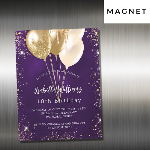 Birthday purple gold glitter balloons luxury magnetic invitation
