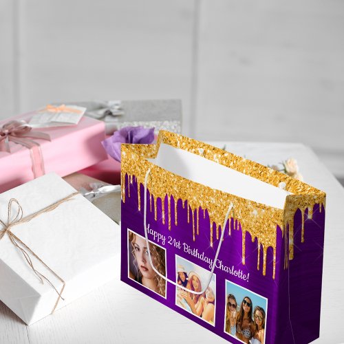 Birthday purple gold glitter drips name photo large gift bag