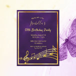 Birthday  purple gold music invitation postcard<br><div class="desc">A trendy, modern 50th or any age birthday party invitation card for a woman. A classic dark purple background, with faux gold frame and music notes, golden colored letters. The Purple background is uneven. Templates for a name, age and your party information. Back: white background. Tip: If you don't want...</div>