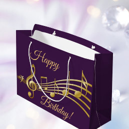 Birthday purple gold music notes large gift bag