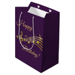 Birthday purple gold music notes medium gift bag