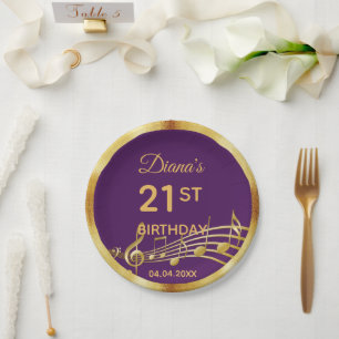 Birthday purple gold music notes paper plates