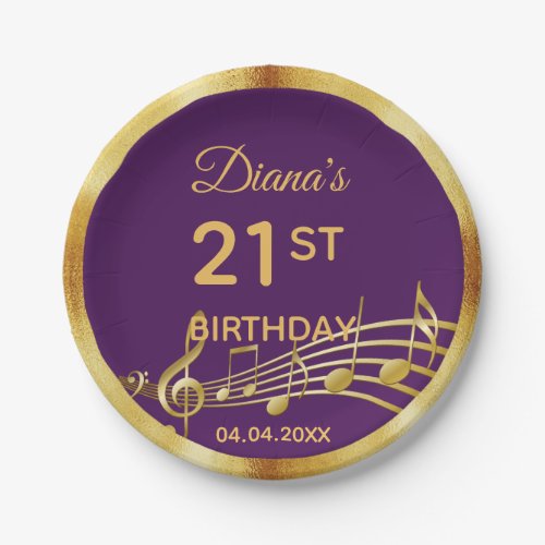 Birthday purple gold music notes paper plates