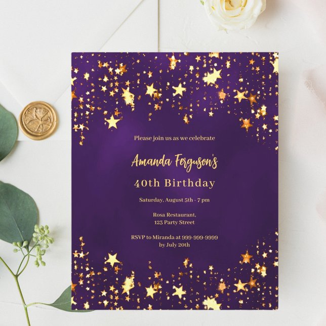 Birthday purple gold stars invitation (Creator Uploaded)