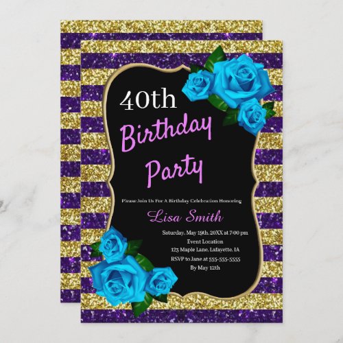 Birthday Purple Gold Stripes Glitter Blue Roses Invitation