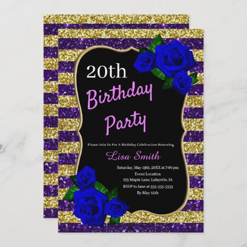 Birthday Purple Gold Stripes Glitter Deep Blue Ros Invitation