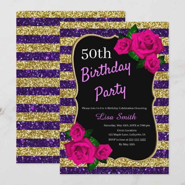Birthday Purple Gold Stripes Glitter Pink Roses Invitation (Front/Back)