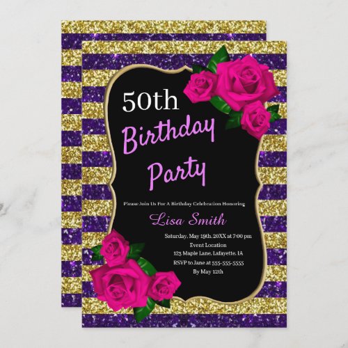 Birthday Purple Gold Stripes Glitter Pink Roses Invitation