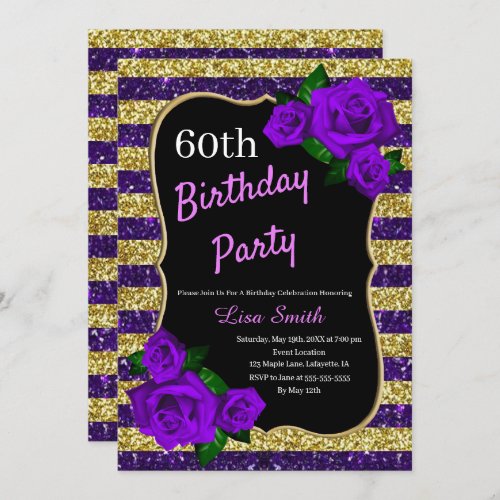 Birthday Purple Gold Stripes Glitter Purple Roses Invitation