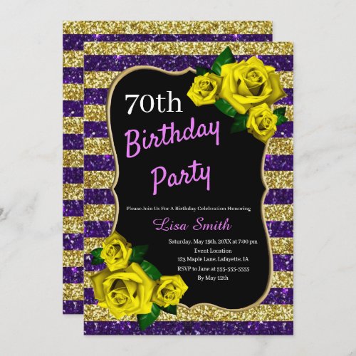 Birthday Purple Gold Stripes Glitter Yellow Roses Invitation