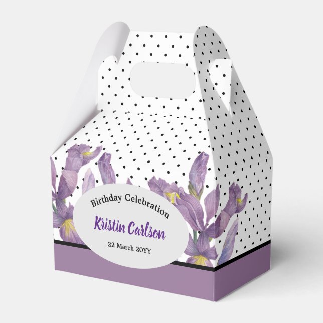 Birthday Purple Irises with Black White Polka dots Favor Boxes (Front Side)