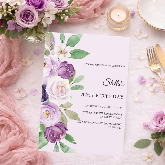 Birthday purple lavender florals blush pink invitation (Creator Uploaded)