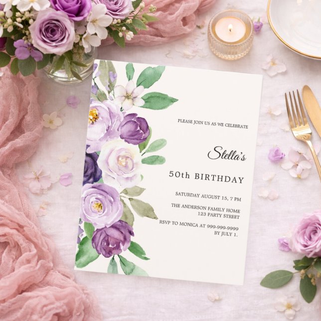 Birthday purple lavender florals ivory invitation (Creator Uploaded)