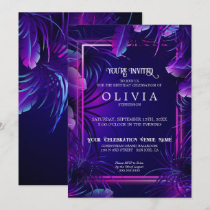 Birthday Purple Neon Tropical Foliage Invitation