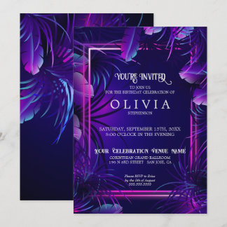 Birthday | Purple Neon Tropical Foliage Invitation