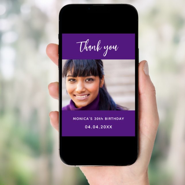 Birthday purple photo thank you card (Front Digital)
