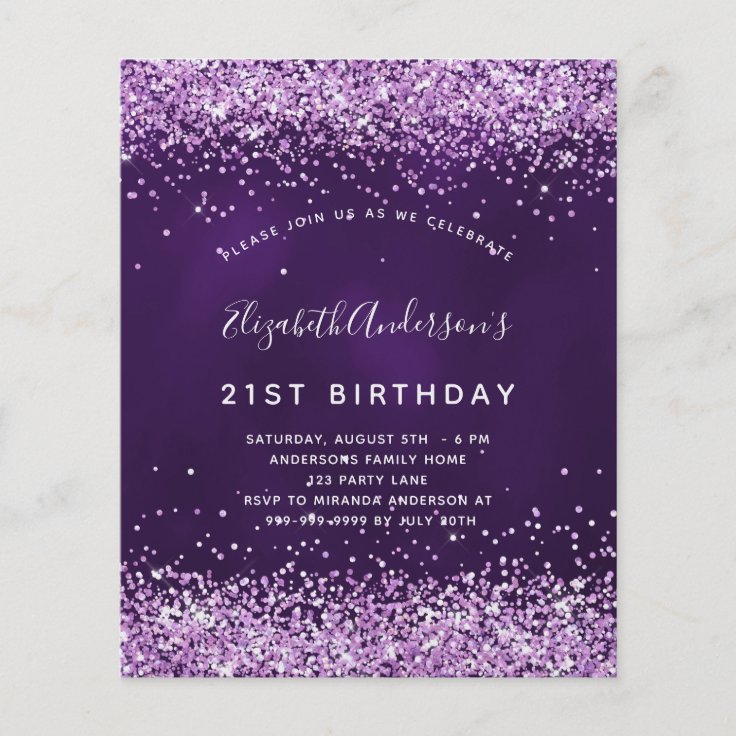 Birthday purple pink glitter budget invitation flyer | Zazzle