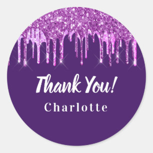 Birthday purple pink glitter drip favor thank you classic round sticker