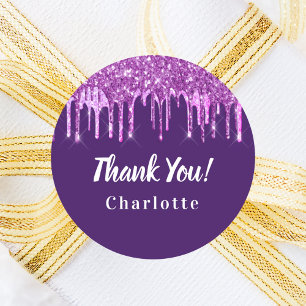 Birthday purple pink glitter drip favor thank you classic round sticker