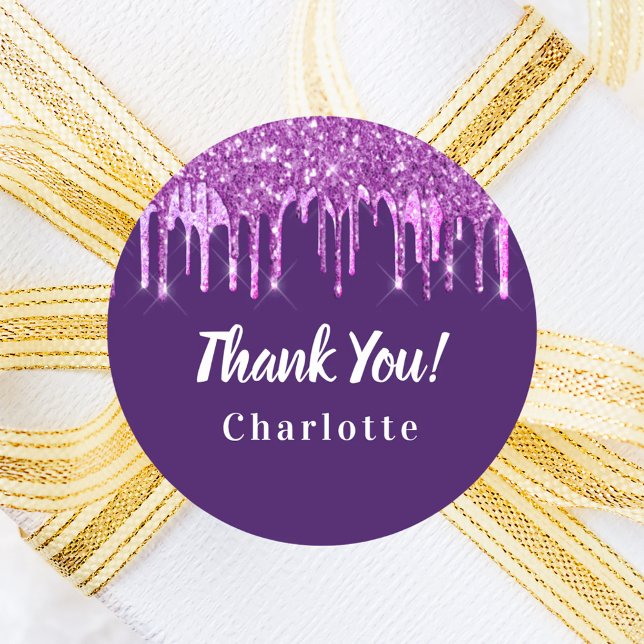 Birthday purple pink glitter drip favor thank you classic round sticker (Creator Uploaded)