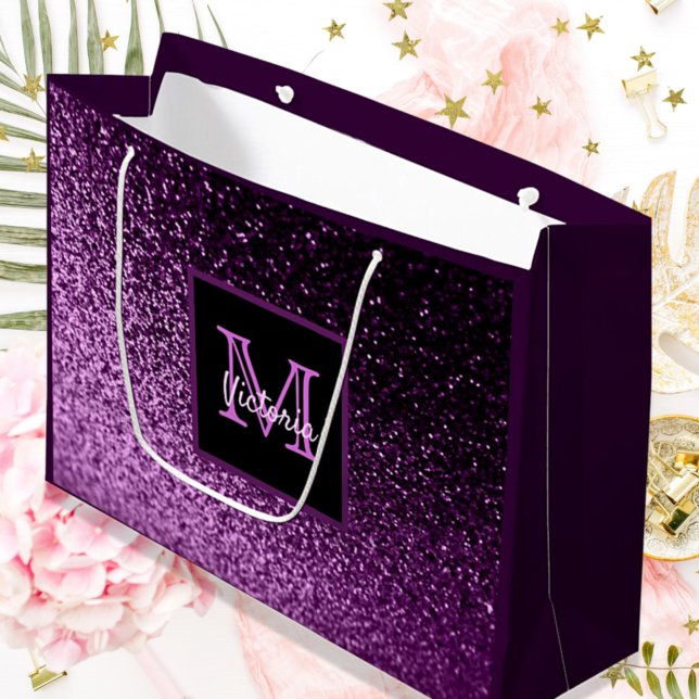 Birthday purple pink glitter glam monogrammed large gift bag (Creator Uploaded)
