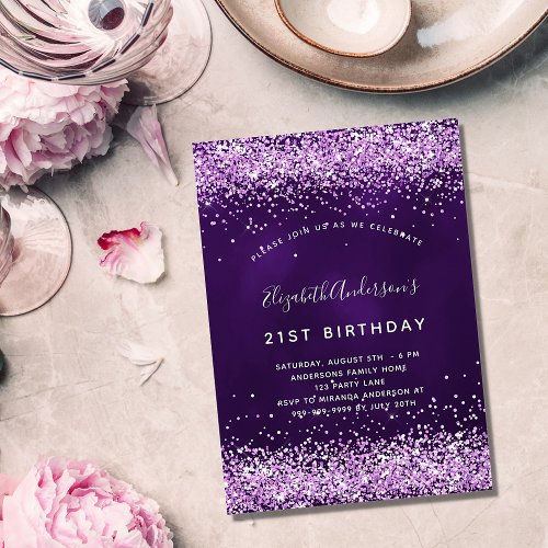 Birthday purple pink glitter glamorous invitation postcard